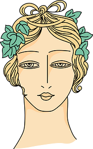Bacchante's greek coiffure with small tresses tied up on top of head. Golden-yellow circle or bandlet on hair holds ivy-leaver descending on each side