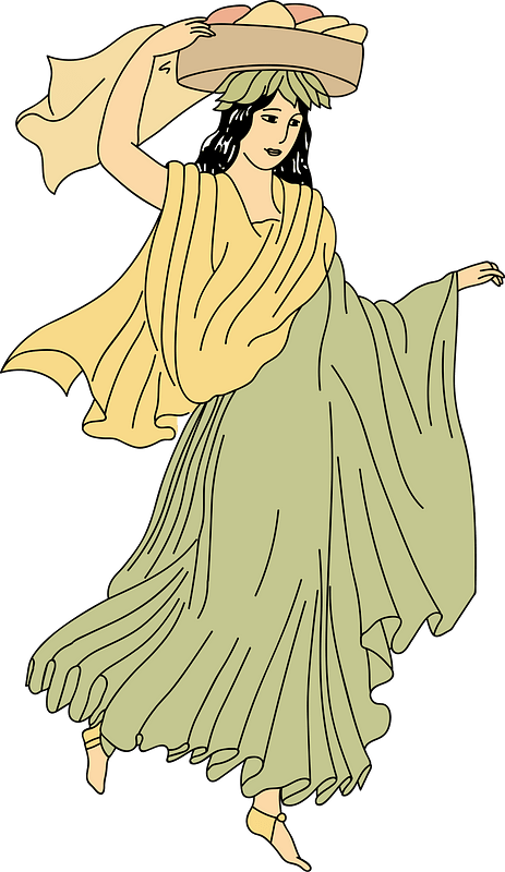 Canephore woman bearing basket with crown of ivy-leaves round the hair. Long coat and yellow shawl. Shoes with yellow ribbons