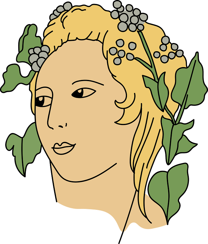 This coiffure is attributed to a follower of Bacchus recognisable by its characteristic features. There are plaited hair with vine leaves and bunches of grapes