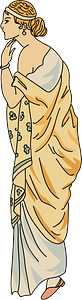 The woman sitting wears a yellow tunic. White band in hair