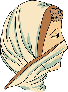 White drapery from which falls a brick-red band