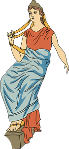 The woman sitting wears a red tunic