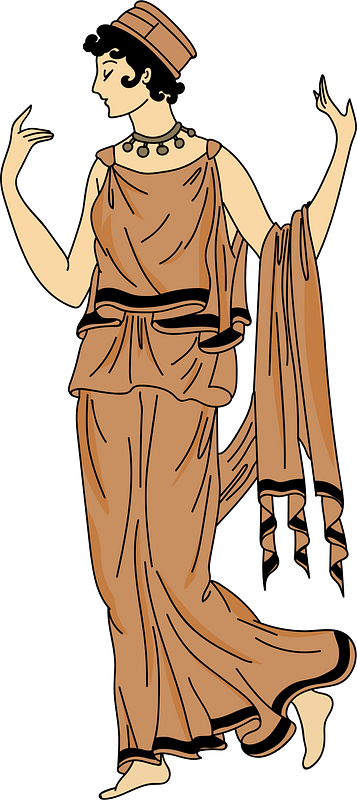 Black-bordered chlamys and scarf with tunac underneath. Same border on long ample skirt