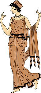 Black-bordered chlamys and scarf with tunac underneath. Same border on long ample skirt