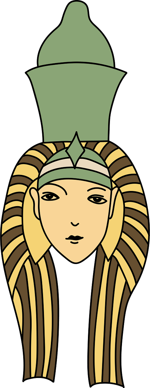 Ancient Egyptian Coiffure of the goddess Ammion. Brown with light yellow stripes and surmounted with a huge ornamentation in the shape of a green dorne