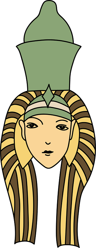 Ancient Egyptian Coiffure of the goddess Ammion. Brown with light yellow stripes and surmounted with a huge ornamentation in the shape of a green dorne
