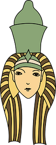 Ancient Egyptian Coiffure of the goddess Ammion. Brown with light yellow stripes and surmounted with a huge ornamentation in the shape of a green dorne