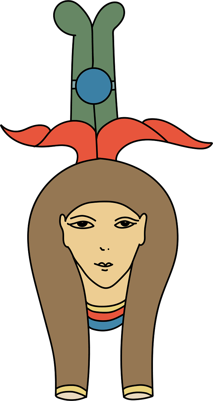 Brown Ancient Egyptian coiffure. Edged with yellow and ornamented in red green and blue