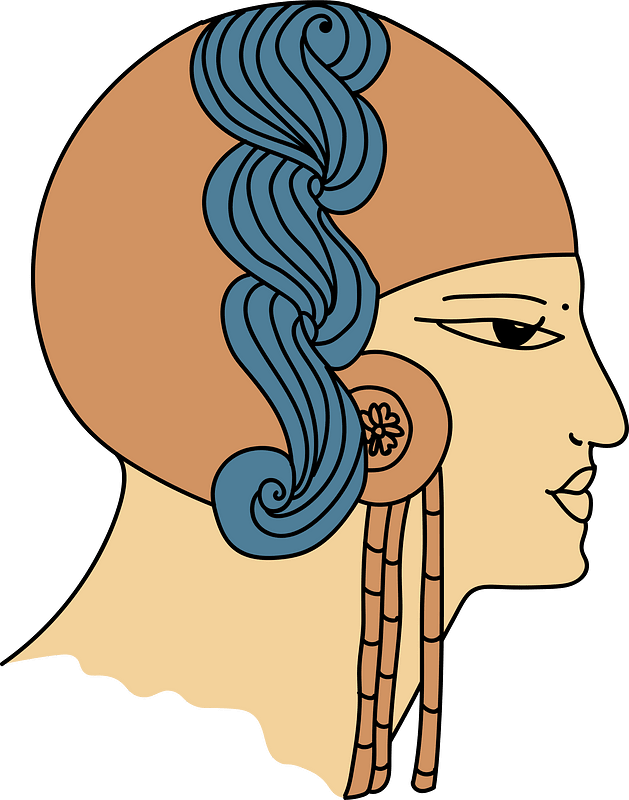 Ancient Egyptian coiffure. Old red and light blue with torsades