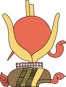 Top of Ancient Egyptian coiffure of the goddess Isis. Yellow and red