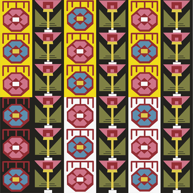 Geometric design with vertical rows of stylized flower heads
