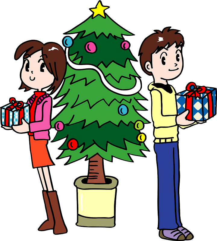 Couple with gifts near Christmas tree