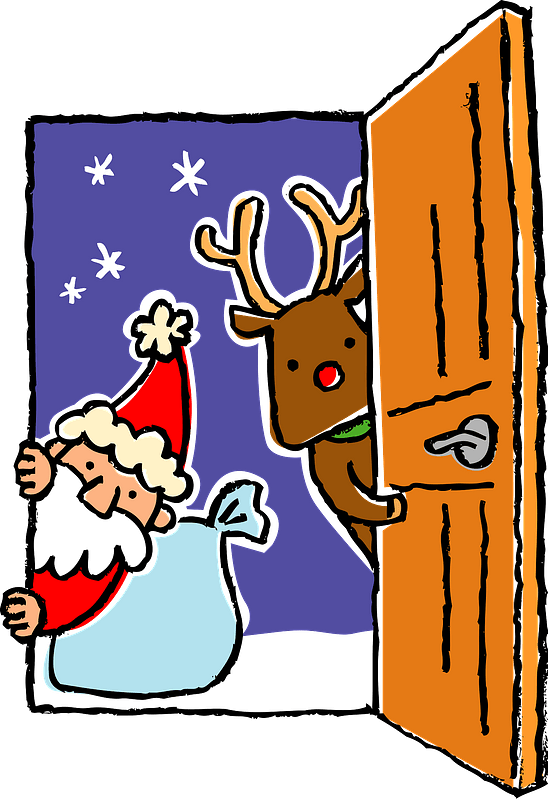Santa Claus and reindeer in a open door