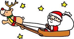 Santa Claus is in a sleigh pulled by reindeer