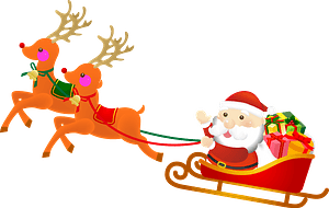 Santa Claus is in a sleigh pulled by reindeer