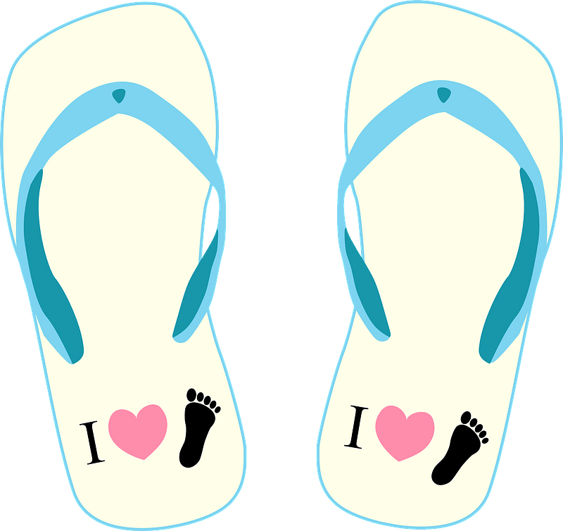 Flip-Flops - light yellow sole, blue straps, "i love foot" symbol