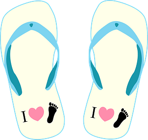 Flip-Flops - light yellow sole, blue straps, "i love foot" symbol