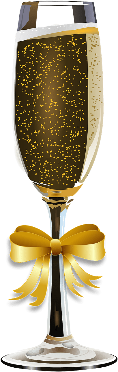 Champagne glass decorated with a gold ribbon bow