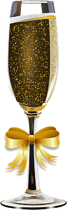 Champagne glass decorated with a gold ribbon bow