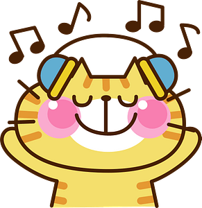 Yellow cat is listening to music with headphones