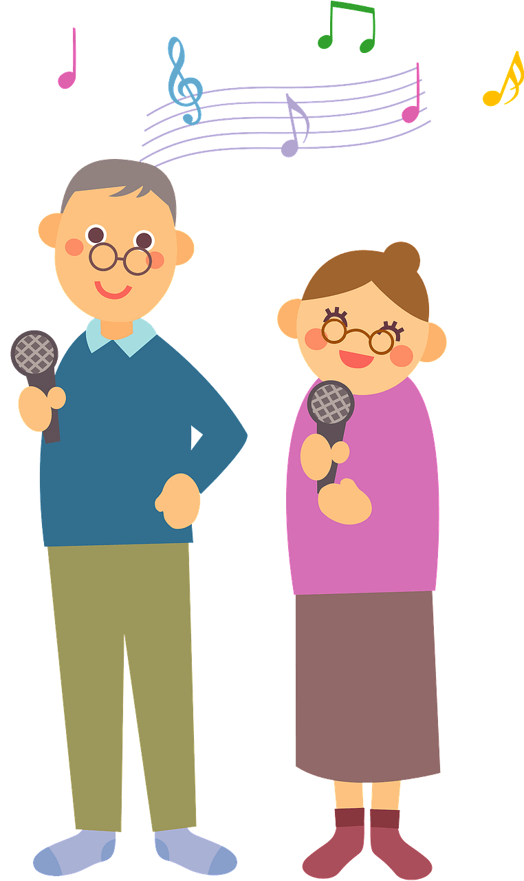Old couple is singing karaoke 