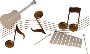 Musical notes and instruments in brown