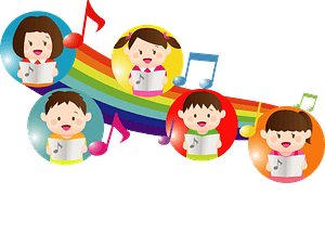 Children singing music in a rainbow