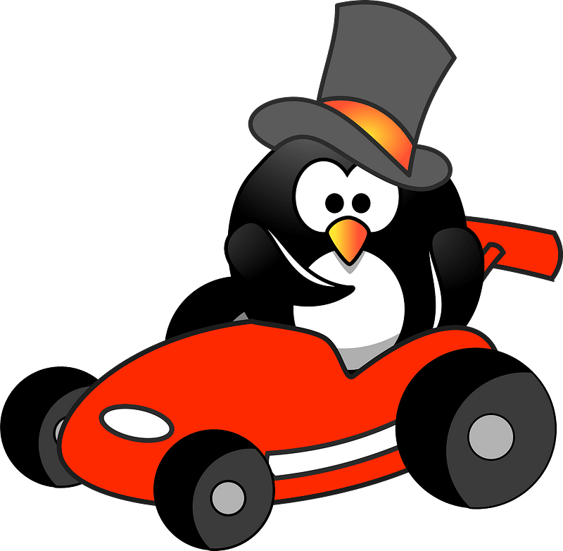 Penguin in red car