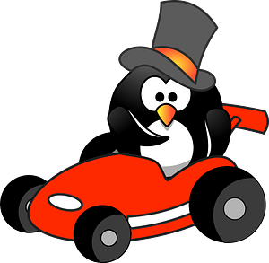 Penguin in red car