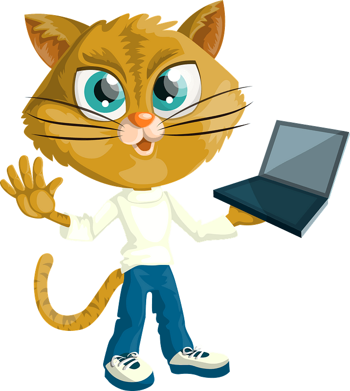 Cartoon cat with laptop
