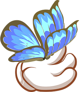 Blue butterfly on hand