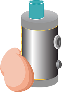Silver boiler and two pink eggs