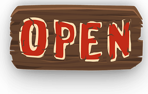 Flat brown red wooden open sign