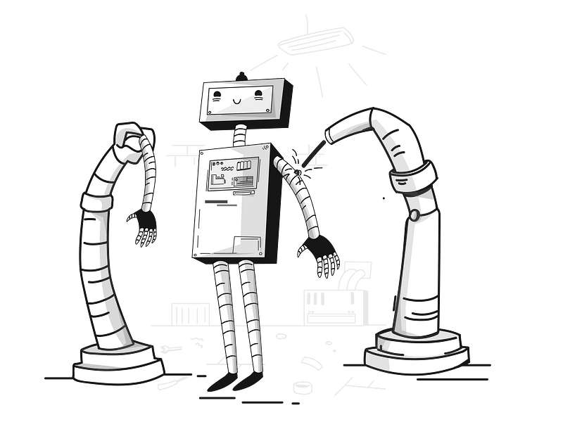 Robot build product black and white
