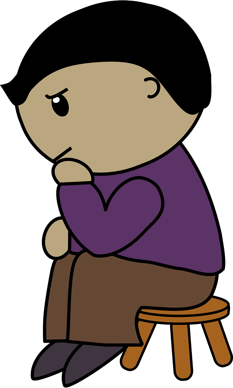 Black haired boy in a purple shirt, thinking, sitting