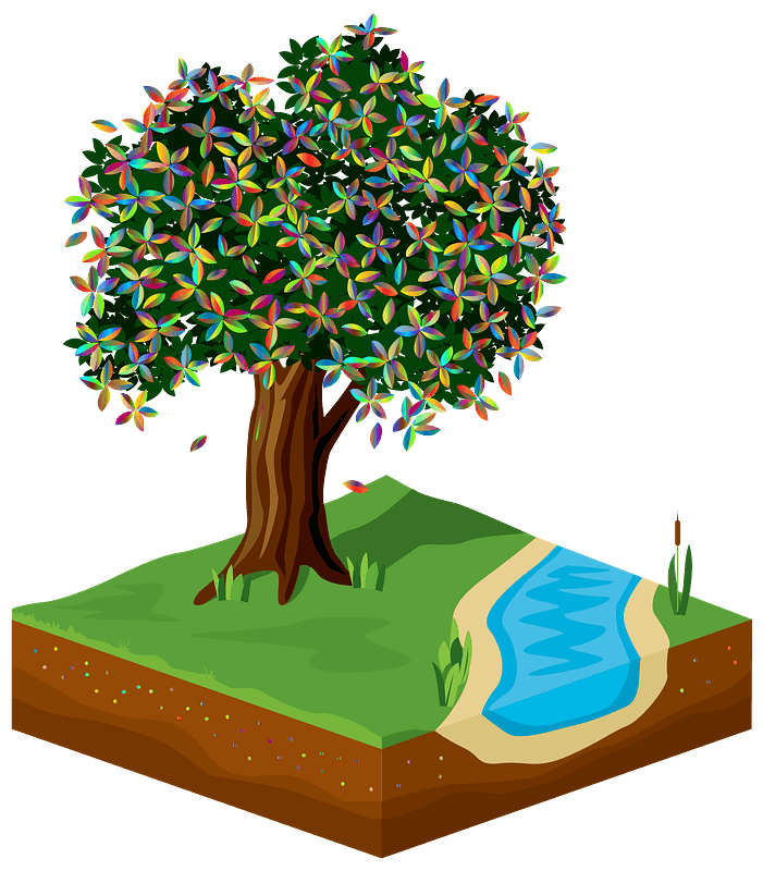 Tree with Multi-colored Leaves, Grass, and Pond