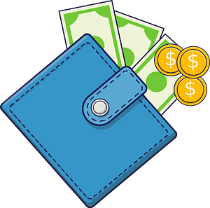 Blue Wallet with Cash and Coins