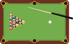 Billiard Table with Pool Balls and Cue