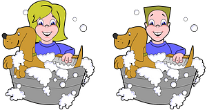 Girl and Boy Washing Dogs