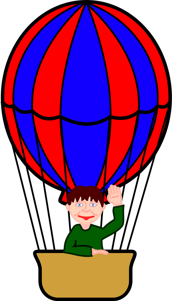 Red and Blue Hot Air Balloon with a Rider in the Basket