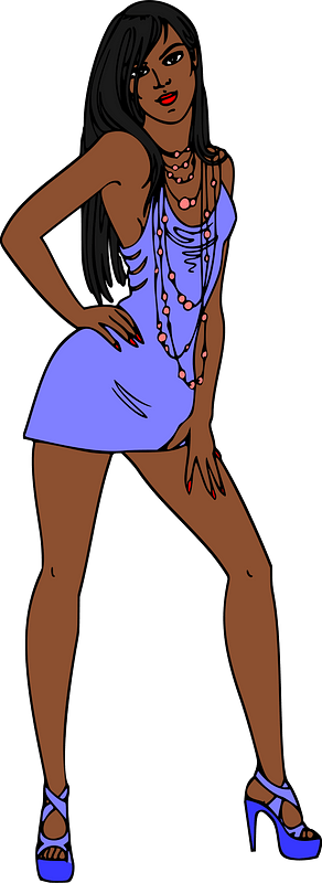 Dark Skin, Black Haired Woman in Short Blue Dress