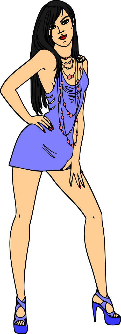 Light Skin, Black Haired Woman in Short Blue Dress