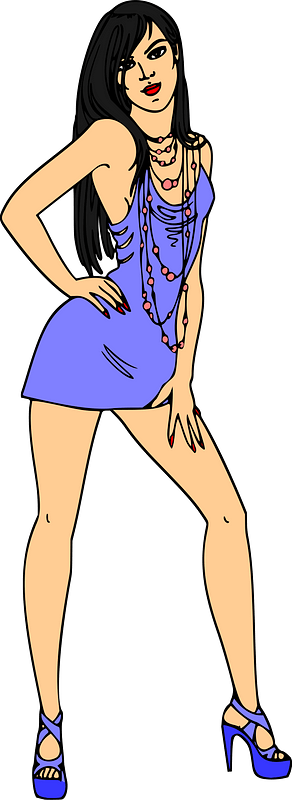 Light Skin, Black Haired Woman in Short Blue Dress