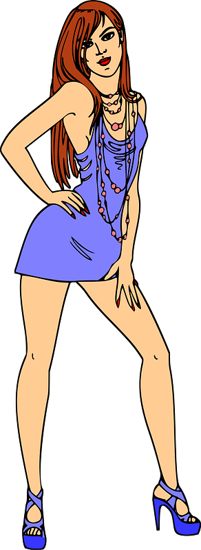 Light Skin, Red Haired Woman in Short Blue Dress
