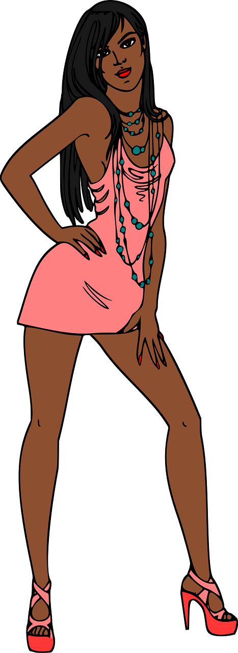 Dark Skin, Black Haired Woman in Short Pink Dress