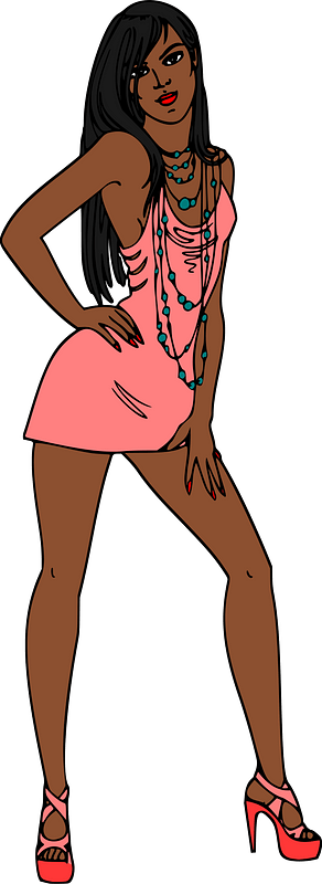 Dark Skin, Black Haired Woman in Short Pink Dress