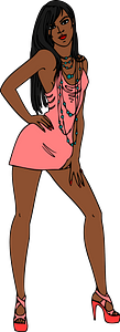 Dark Skin, Black Haired Woman in Short Pink Dress