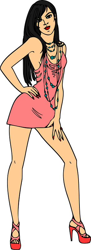 Light Skin, Black Haired Woman in Short Pink Dress