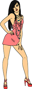 Light Skin, Black Haired Woman in Short Pink Dress