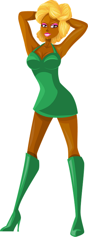 Young Lady Blonde Hair, Dark Skin, Plain Green Dress